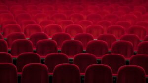 Rows of red theater seats